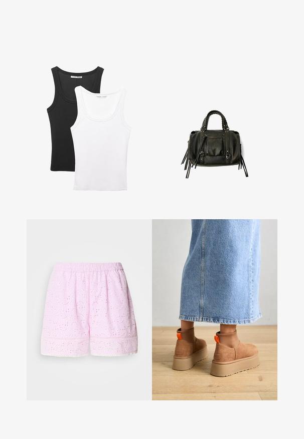Deux débardeurs exposés, l'un noir et l'autre blanc. Les deux ont une texture côtelée, des bretelles larges et un décolleté arrondi.; Shorts en coton rose avec design floral brodé, taille élastique et bord en dentelle. Tissu léger et respirant.; Bottes en suède brun à plateforme avec des panneaux latéraux élastiques et des languettes orange, associées à une jupe en denim clair arrivant au genou sur un sol en bois.; Sac à main en cuir noir avec des poignées tressées, une poche zippée et des glands suspendus. Surface texturée avec des clous en métal et des accents en métal.