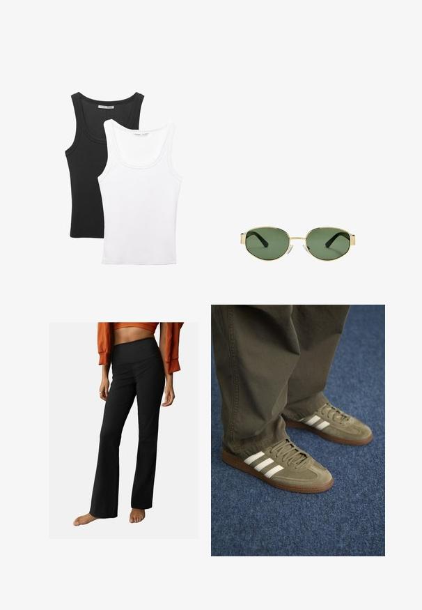 Dwie koszulki na ramiączkach przedstawione, jedna czarna, a druga biała. Obie mają prążkowaną fakturę, szerokie ramiączka i zaokrąglony dekolt.; Czarne, prążkowane spodnie w stylu dzwonów z wysokim stanem, charakteryzujące się gładką teksturą i prostym fasonem. Akcentem jest lekki rozklosz na końcach nogawek.; Zielone zamszowe trampki z trzema białymi paskami, brązową gumową podeszwą i teksturowanymi sznurowadłami, zestawione z oliwkowymi spodniami na niebieskim dywanie.; Złote okulary przeciwsłoneczne w metalowej oprawie z zielonymi soczewkami, o owalnym kształcie, czarnymi zausznikami i przezroczystymi noskami. Czysty, minimalistyczny design.; Oliwkowa torba na ramię z podwójnymi uchwytami, gładką teksturą i metalowym akcentem z logo. Owalny kształt z bocznymi panelami; zestawiona z niebieskimi spodniami.