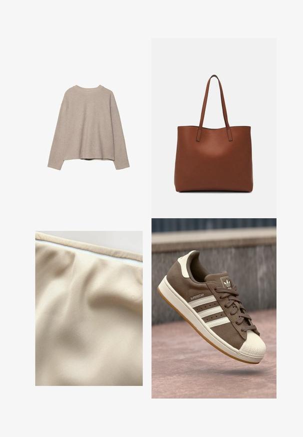Pull léger beige avec des manches longues, un col rond côtelé et une coupe ample. Texture douce avec une finition uniforme.; Tissu beige avec une texture lisse, présentant de subtils plis et une fermeture éclair blanche contrastante le long du bord supérieur.; Baskets en daim marron avec des rayures blanches, des accents crème et un embout en caoutchouc. Présente un design à lacets et une semelle en caoutchouc texturée.; Sac fourre-tout en cuir marron avec une texture lisse, design à ouverture supérieure et deux poignées pour le porter à l'épaule. Présente des coutures minimales et aucun matériel visible.