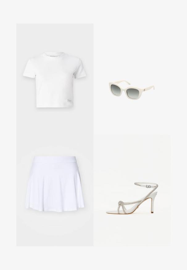 Bela skrajšana majica iz gladkega bombaža, z visokim ovratnikom in kratkimi rokavi. Majhen vezen logotip v spodnjem kotu.; Bela krilna krilo iz mehkega, raztegljivega blaga s širokim pasom. Ima razširjen dizajn in gladek rob.; Bela visokoelegantna sandala z teksturiranim trakami, ki vsebujejo rhinestone, odprto okroglo špico in zanko za gleženj z nastavljivim zaponko.; Bela plastična sončna očala v obliki mačjih oči, z gradacijo sive leče, trdimi ročaji in zlatim logotipom na strani.