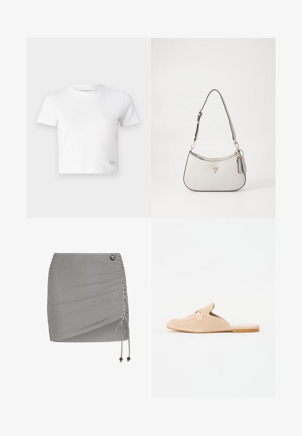 Bílý zkrácený tričko z hladké bavlny, s vysokým výstřihem a krátkými rukávy. Malá vyšitá logo v dolním rohu.; Černo-bílá proužkovaná minisukně s nařaseným bočním detailem, nastavitelné zavazování a ozdobné korálky na konci šňůrky.; Béžové semišové slip-on mokasíny se uzavřenou špičkou, se zdobným detailem přezky a plochou korkovou podrážkou. Hladká textura s minimálním designem.; Bílá texturovaná kabelka s zakřiveným tvarem, zlatými doplňky, odnímatelným popruhem a akcentem s logem. Obsahuje přívěsek na klíče s brandingem.