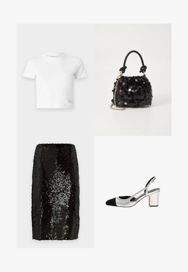 Valkoinen lyhytcropattu t-paita, joka on valmistettu sileästä puuvillasta. Siinä on korkea kaula-aukko ja lyhyet hihat. Pienessä alakulmassa on brodeerattu logo.; Musta paljeteilla varustettu kynähame, jossa on tiukka malli. Sisältää tiheät, heijastavat paljetit, jotka luovat tekstuuri pinnan. Sujuva sisävuori.; Hopeat slingback-korkokengät mustalla kärjellä, tekstuuripinnalla ja lohkokannalla. Ominaisuuksiin kuuluvat viilto-urat sivuilla ja säädettävä hihna mukautumiseen.; Mustan paljetti-minilaukku, jossa on solmittu teksturoidu hihna ja hopeaketju. Pyöreä muoto, joissa on rypistetty yläosa ja heijastava yksityiskohta.