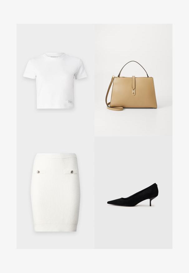 Weißes, kurzes T-Shirt aus glattem Baumwoll-Stoff mit hohem Ausschnitt und kurzen Ärmeln. Kleines besticktes Logo in der unteren Ecke.; Weißes, geripptes Strick-Minirock mit silbernen Knopfakzenten an den vorderen Taschen und einer figurbetonten Silhouette, mit einer weichen Textur und elastischem Bund.; Schwarzer Wildleder-High-Heel-Schuh mit spitzem Zeh und slim, niedrigem Absatz. Glatte Textur mit elegantem Design, ohne sichtbare Beschläge.; Tommy Hilfiger LIBRE SATCHEL - Handtasche - safari
