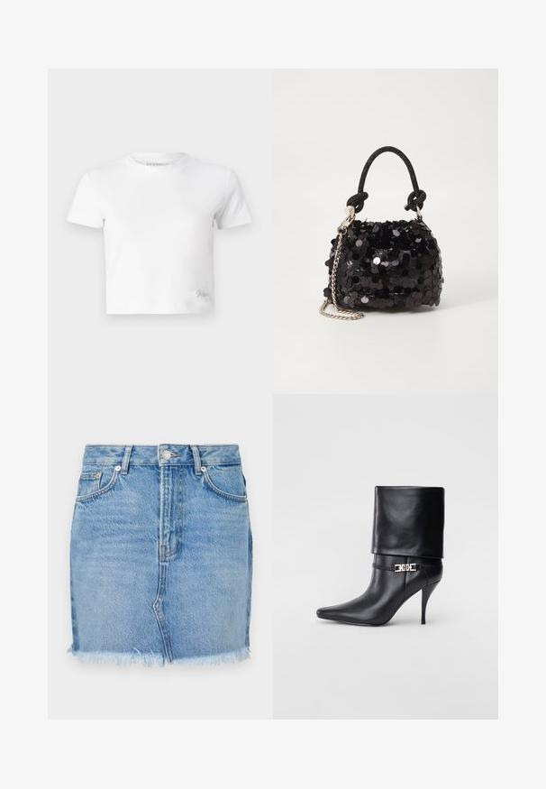 Witte cropped t-shirt van zacht katoen, met een hoge hals en korte mouwen. Klein geborduurd logo in de onderhoek.; Blauwe denim rok met een getailleerd ontwerp, raw hemline en klassieke voorkeurszakken. Glad textuur met lichte vervaging voor een casual uitstraling.; Zwarte leren enkelboot met een spitse neus, hoge stilettohak, opgevouwen manchet en een gouden decoratieve gespdetails op de enkel.; Zwarte pailletten mini handtas met een geknoopte textuurriem en zilveren ketting. Rondvormig met een geplooide bovenkant en reflecterende details.