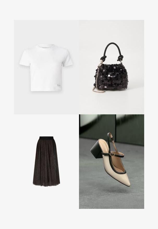 T-shirt blanc court en coton lisse, avec un col haut et des manches courtes. Petit logo brodé dans le coin inférieur.; Jupe midi à motifs marron et noir avec une taille élastique noire et un détail de rayure verticale noire sur un côté.; Escarpin beige à bout pointu et bride arrière, avec des finitions noires, une boucle dorée et un talon bloc épais, posé sur un sol gris avec un fond vert foncé.; Mini sac à main en sequins noirs avec une bandoulière texturée nouée et une chaîne argentée. Forme arrondie avec un haut froncé et des détails réfléchissants.