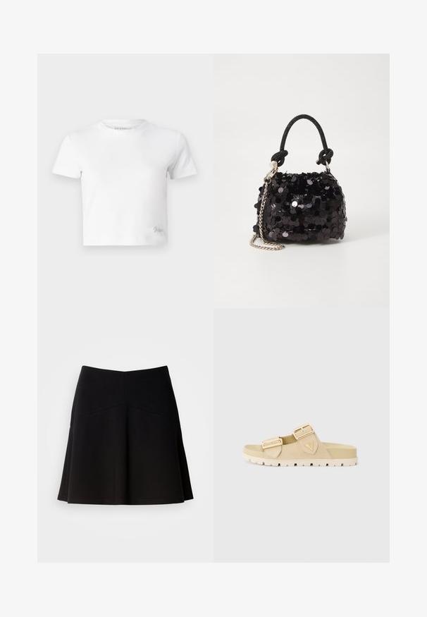 Balta trumpa marškinėlių suapvalinta iš lygios medvilnės, su aukštu iškirpimu ir trumpomis rankovėmis. Mažas išsiuvinėtas logotipas apatinėje kampe.; Juodas klostuotas sijonas, pagamintas iš minkštos medžiagos, su prigludusia juosmens linija ir siūlių detalėmis. Lygus paviršius su paprastu, klasikiniu dizainu.; Bežinės šlepetės su dviem reguliuojamais auksiniais sagtimis, minkštu zomšiniu viršumi, tekstūruotu padu ir vidutiniu platformos aukščiu patogumui.; Juodas blizgučių mini rankinukas su mazguotu tekstūruotu dirželiu ir sidabro grandine. Suapvalinta forma su susiraukšlėtopu ir atspindinčiomis detalėmis.