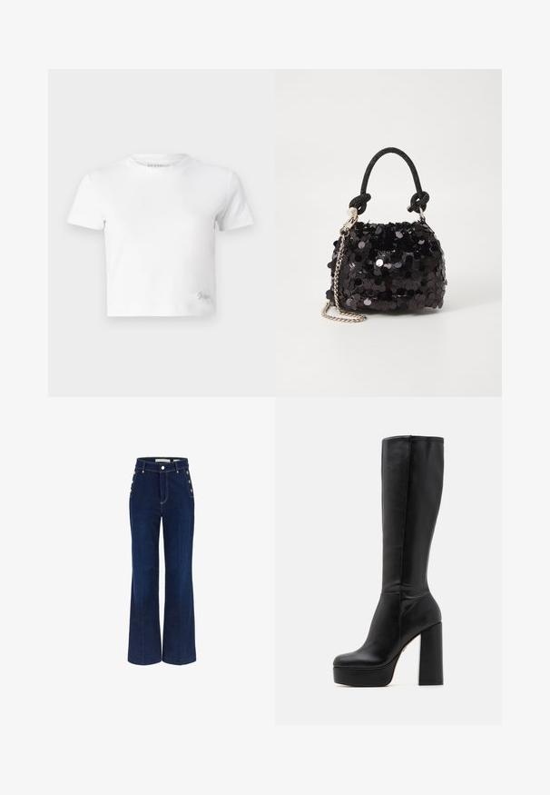 Tricou alb scurt, realizat din bumbac neted, cu gât înalt și mâneci scurte. Logo mic brodat în colțul de jos.; Jeans largi de culoare albastră închisă, cu talie înaltă, decorate cu accente de nasturi pe laterale și o textură netedă din denim.; Botine negre, până la genunchi, din piele netedă cu finisaj texturat, având un toc înalt și pătrat și un vârf rotunjit.; Geantă mini neagră cu paiete, cu un umar texturat înnodat și un lanț argintiu. Formă rotundă cu partea de sus adunată și detalii reflectorizante.