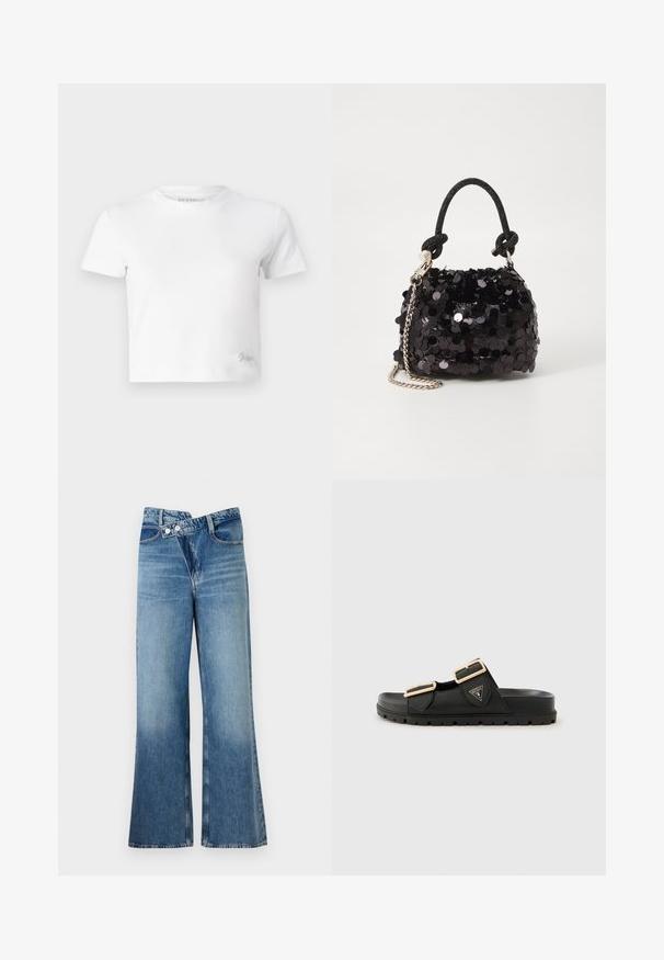 Camiseta blanca corta hecha de algodón suave, con un cuello alto y mangas cortas. Pequeño logo bordado en la esquina inferior.; Jeans de mezclilla azul claro acampanados con cintura alta, que cuentan con dos botones y bolsillos frontales. La tela tiene una textura desteñida con variaciones sutiles.; Chanclas negras con dos correas ajustables, hebillas en tono dorado, parte superior de goma texturizada y una suela gruesa y texturizada. Logotipo visible en el lateral.; Bolso de mano mini negro con lentejuelas, con una correa de textura anudada y cadena plateada. Forma redondeada con parte superior fruncida y detalles reflectantes.