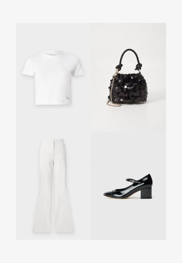 Biely croptop vyrobený z hladkej bavlny, s vysokým výstrihom a krátkymi rukávmi. Malé vyšívané logo v dolnom rohu.; Biele rozšírené nohavice z ľahkej tkaniny, s hladkou štruktúrou, predným švom a prispôsobeným pásom.; Čierne lakované Mary Jane topánky s blokovým podpätkom a prackou, zobrazené zo strany na bielom pozadí.; Čierna mini kabelka so štrasom, s uzlovým textúrovaným popruhom a strieborným reťazom. Guľatý tvar s riaseným vrchom a reflexnými detailmi.