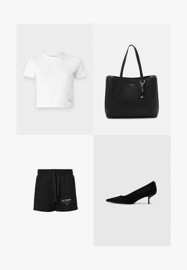 Weißes, kurzes T-Shirt aus glattem Baumwoll-Stoff mit hohem Ausschnitt und kurzen Ärmeln. Kleines besticktes Logo in der unteren Ecke.; Schwarze Baumwollshorts mit elastischem Bund, Kordelzug, weißen Logodetails und Druckknopf-Akzenten an den Seiten. Glatte Textur, lässiges Design.; Schwarzer Wildleder-High-Heel-Schuh mit spitzem Zeh und slim, niedrigem Absatz. Glatte Textur mit elegantem Design, ohne sichtbare Beschläge.; Schwarze Tragetasche aus strukturiertem synthetischem Material, mit zwei Griffen, einem goldenen Logo-Schild und einem kleinen Anhänger mit Akzentdetail.