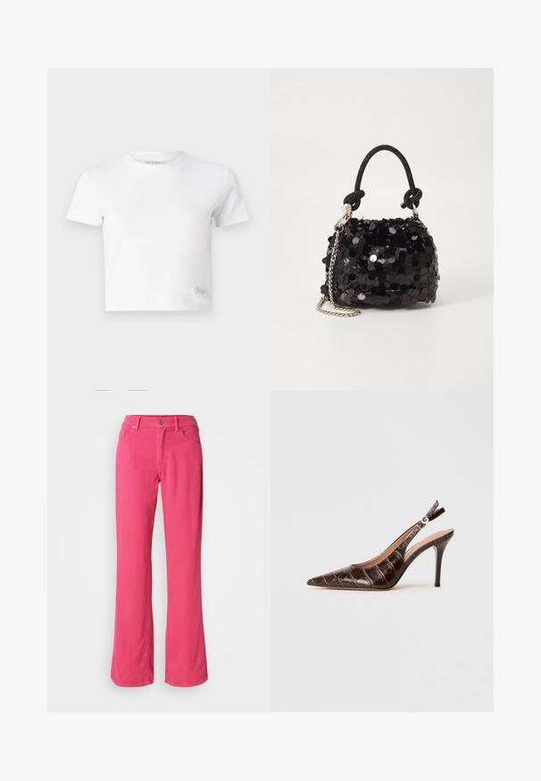 Tricou alb scurt, realizat din bumbac neted, cu gât înalt și mâneci scurte. Logo mic brodat în colțul de jos.; Pantaloni largi roz, din bumbac, cu un nasture în față, fermoar și design clasic cu cinci buzunare. Textură netedă și croială regulară.; Pantof cu toc slingback din piele embossată cu crocodil, de culoare maronie, cu vârf ascuțit, laterale deschise și tocuri subțiri înalte. Proiectat cu un sistem de ajustare prin cataramă.; Geantă mini neagră cu paiete, cu un umar texturat înnodat și un lanț argintiu. Formă rotundă cu partea de sus adunată și detalii reflectorizante.