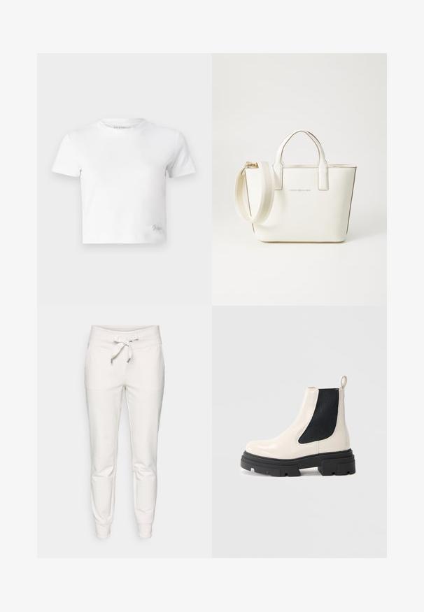 Valkoinen lyhytcropattu t-paita, joka on valmistettu sileästä puuvillasta. Siinä on korkea kaula-aukko ja lyhyet hihat. Pienessä alakulmassa on brodeerattu logo.; Valkoiset collegehousut, jotka on valmistettu pehmeästä kankaasta. Ne sisältävät narukiristyksen vyötäröllä, joustavat hihnat ja kaksi sivutaskua käytännöllisyyttä varten.; Kermavalkoinen nahk Chelsea saapas, jossa on tukevat mustat pohjat ja joustavat mustat sivupaneelit, taustana yksinkertainen valkoinen tausta.; Valkoinen tekonahkainen käsilaukku, jossa on lyhyet kahvat, säädettävä olkahihna ja kultaiset yksityiskohdat; edessä on hillitty logo.