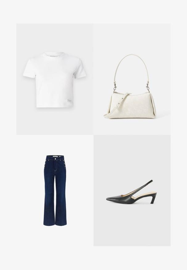 Witte cropped t-shirt van zacht katoen, met een hoge hals en korte mouwen. Klein geborduurd logo in de onderhoek.; Donkerblauwe broek met wijde pijpen en een hoge taille, voorzien van knoopaccenten aan de zijkanten en een gladde denimtextuur.; Zwarte puntige slingback schoen met een lage hak, gemaakt van soepel leer en voorzien van een uitsnede aan de zijkant voor ventilatie.; Witte handtas met een gladde textuur, gebogen silhouet en verstelbare schouderriem. Voorzien van een subtiel logo-patroon en zilveren hardware-accenten.