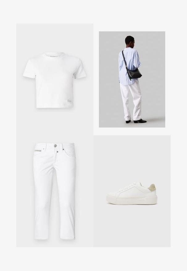 Valge lühike t-särk, mis on valmistatud siledast puuvillast, kõrge kaelusega ja lühikeste varrukatega. Väike tikand logoga alumises nurgas.; Valged teksad kitsas lõikega, viie taskuga ja nupulukuga. Vöökoha peal on metallist logo aktsent. Sile tekstuur.; Valged tennised sileda nahast peals, heledast hallist nahast kanna detailiga ja paksu valge kummitald. Omab sidumisdisaini.; Must have mustras alasi nahkpatsi, pehme tekstuuriga, kolmnurkse kujuga ja reguleeritava rihmaga, koos helesinise triibulise särgi ja valgete pükstega.