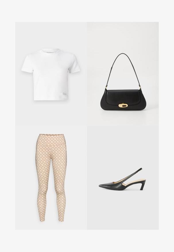 Valkoinen lyhytcropattu t-paita, joka on valmistettu sileästä puuvillasta. Siinä on korkea kaula-aukko ja lyhyet hihat. Pienessä alakulmassa on brodeerattu logo.; Beige leggings dengan pola geometris putih yang berulang, dilengkapi dengan pinggang tinggi dan desain yang pas, terbuat dari kain stretch yang lembut.; Musta, kärjeltään terävä slingback-kengä, jossa on matala korko. Kengässä on sileä nahkamateriaali ja sivuilla leikkaukset hengittävyyttä varten.; Musta nahkainen käsilaukku, jossa on kaareva muotoilu, kultasävyiset yksityiskohdat ja yläkahva. Sisältää tyylikkään sulkijan ja sileän pinnan.