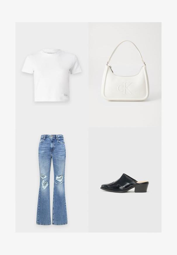 Camiseta blanca corta hecha de algodón suave, con un cuello alto y mangas cortas. Pequeño logo bordado en la esquina inferior.; Jeans de mezclilla de mezclilla azul claro con campana, desgastes frontales, cintura alta, cinco bolsillos y un sutil desvanecimiento para un aspecto usado.; Mules de charol negro con punta afilada, un diseño curvado y un tacón bajo en bloque que presenta costuras decorativas a lo largo del parte superior.; Bolso de mano de cuero blanco con forma curvada, con un logo "CK" en relieve en la parte delantera y una sola correa para el hombro. Cierre de cremallera en la parte superior.