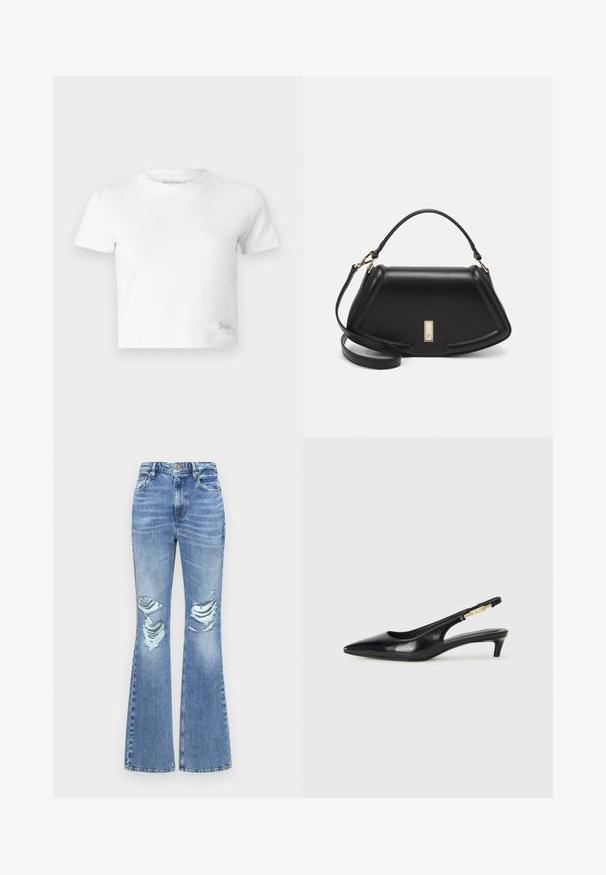 T-shirt cropped bianco realizzato in cotone liscio, con un collo alto e maniche corte. Piccolo logo ricamato nell'angolo inferiore.; Jeans in denim azzurro chiaro a zampa d'elefante con strappi frontali, vita alta, cinque tasche e una leggera scoloritura per un look vissuto.; Tacchi slingback in pelle nera con punta affusolata, caratterizzati da un tacco alto e un accento dorato sulla cinghia regolabile. Texture liscia.; Borsa a mano in pelle nera con un design strutturato, caratterizzata da una forma corta, manico superiore e accessori in metallo dorato. Inclusa tracolla regolabile.