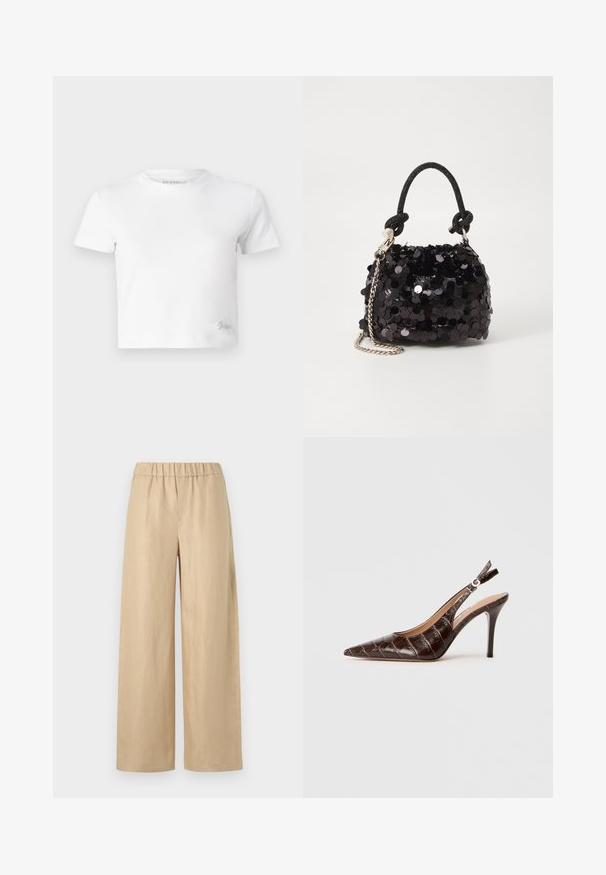 Bela skrajšana majica iz gladkega bombaža, z visokim ovratnikom in kratkimi rokavi. Majhen vezen logotip v spodnjem kotu.; Bež hlače širokih nogavic, izdelane iz lahkega materiala. Imajo elastičen pas in gladko teksturo, brez vidnih kovinskih delov ali vzorcev.; Rjava, usnjena slingback čevlji s kroko embosiranjem, z nazobčanimi prsti, odprtimi stranmi in tanek visokimi petami. Zasnovani z nastavljanjem z zaponko.; Črna mini torbica s palčkami iz bleščic, z vozlanim teksturiranim trakom in srebrnima verigama. Okrogla oblika z nabranim vrhom in odsevnimi detajli.