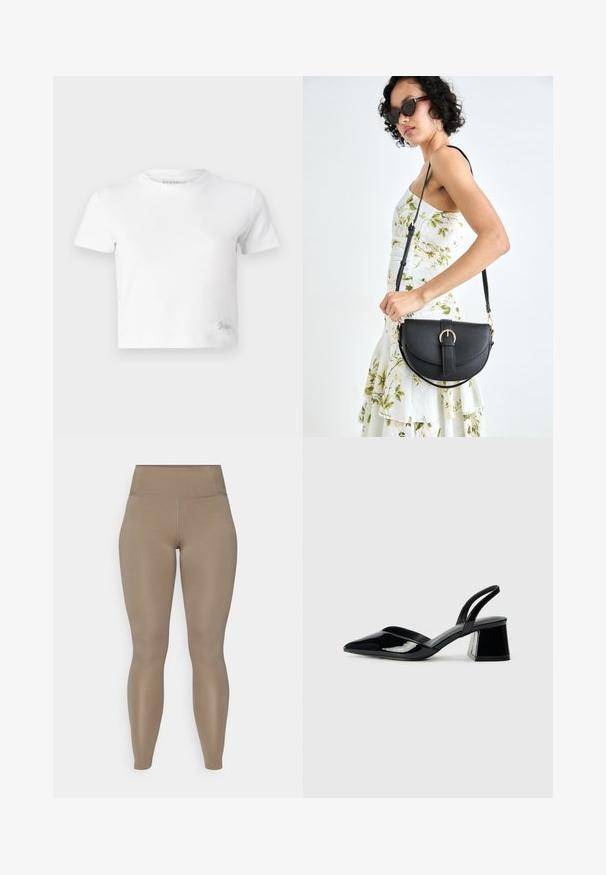 Bijela skraćena majica izrađena od glatkog pamuka, s visokim izrezom i kratkim rukavima. Mali izvezeni logo u donjem kutu.; Visoke tajice u jednobojnoj bež boji. Napravljene od glatkog, rastezljivog materijala bez vidljivih uzoraka ili dodataka.; Crne lakirane kožne sandale s otvorenom petom i špicastim vrhom, s geometrijskom blok petom. Imaju elegantan, minimalistički dizajn i glatku teksturu.; Crna kožna torba s lukovitim oblikom, odvojivim remenom i zlatnim detaljima. Torba ima preklop s kopčom.
