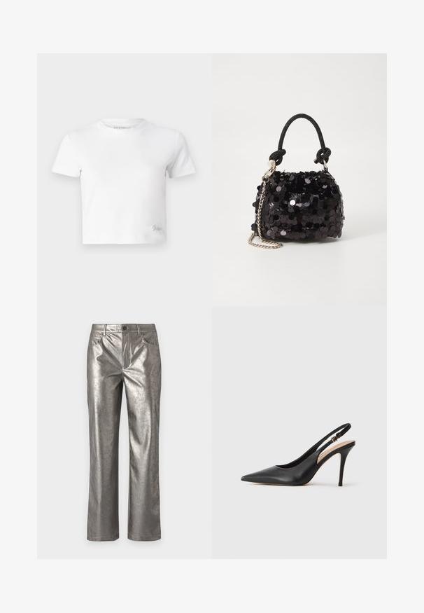 Biely croptop vyrobený z hladkej bavlny, s vysokým výstrihom a krátkymi rukávmi. Malé vyšívané logo v dolnom rohu.; Metalické strieborné nohavice so rovný strihom, piatimi vreckami a zapínaním na gombík. Hladká textúra so subtílnym leskom a minimalistický dizajn.; Čierna kožená sandálová topánka na vysokom podpätku s špicatou špičkou, hladkou textúrou a jemným remienkom s kovovou sponou.; Čierna mini kabelka so štrasom, s uzlovým textúrovaným popruhom a strieborným reťazom. Guľatý tvar s riaseným vrchom a reflexnými detailmi.