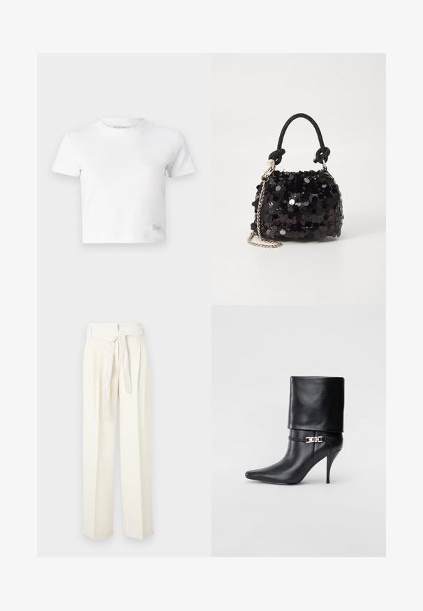 Bijela skraćena majica izrađena od glatkog pamuka, s visokim izrezom i kratkim rukavima. Mali izvezeni logo u donjem kutu.; Hlače širokog kroja boje kreme s remenom u struku. Izrađene su od mekog materijala, s nabranicama i glatkom teksturom bez uzoraka.; Crna kožna gležnjača s šiljastim prstom, visokim stiletto potplatom, preklopnim rubom i zlatnom dekorativnom kopčom na gležnju.; Crna mini torbica sa šljokicama, s čvorastim teksturiranim remenom i srebrnim lancem. Zaobljenog oblika s naboranim vrhom i reflektivnim detaljima.