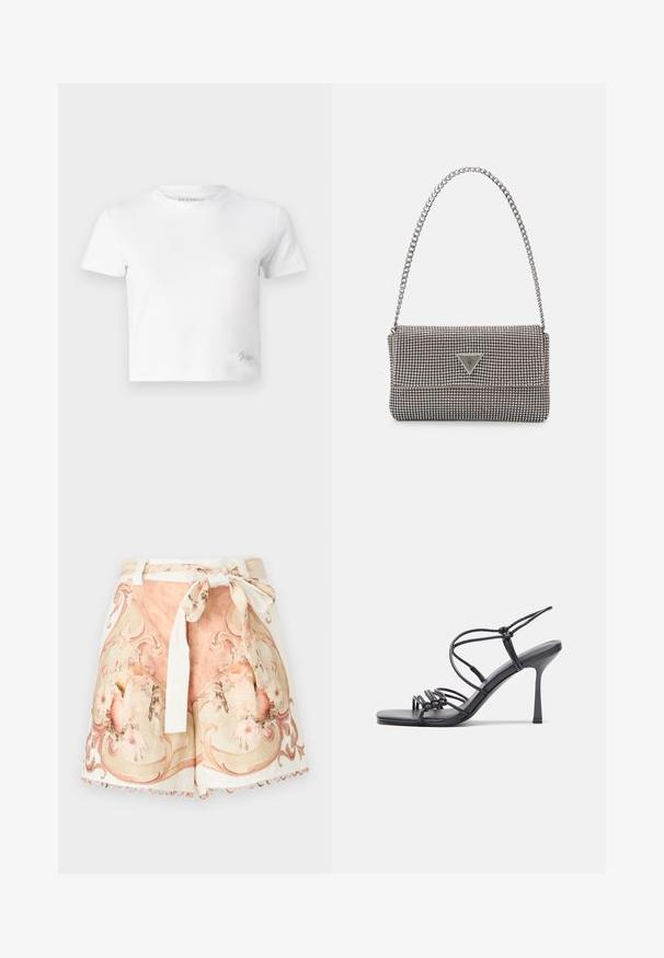 Bijela skraćena majica izrađena od glatkog pamuka, s visokim izrezom i kratkim rukavima. Mali izvezeni logo u donjem kutu.; Šortsevi od lagane tkanine s cvjetnim uzorkom u ružičastoj i krem boji, s vezanom strukom i valovitim rubom.; Crne sandale na visokoj potpetici imaju tanke trake s čvorastim dizajnom, glatki kvadratni vrh i elegantnu stiletto petu.; Svijetlosivi metalik ruksač s lancem, ukrašen malim okruglim metalnim zakovicama i trokutastim logotipom marke.; Srebrne naušnice u obliku obruča sa glatkom, sjajnom površinom, zakrivljenog oblika i zatvaranjem na čep. Minimalistički dizajn s modernim završetkom.