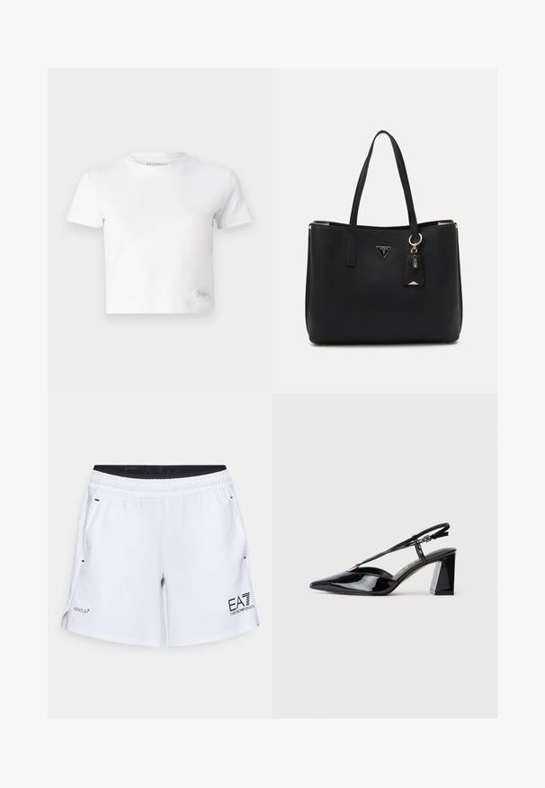 Valge lühike t-särk, mis on valmistatud siledast puuvillast, kõrge kaelusega ja lühikeste varrukatega. Väike tikand logoga alumises nurgas.; Valged spordilühikesed püksid elastse vöökoha, küljetaskute ja musta brändingu jaoks. Omavad sujuvat tekstuuri ja jagatud küljeääriseid liikuvuse tagamiseks.; Mustadast mustast lakknahast kõrge kontsaga kingad, millel on terav varvas, reguleeritav rihm ja jäme ristkülikuline konts.; Musthave mustkott, mis on valmistatud tekstuuriga sünteetilisest materjalist, kahes käepidemes, millel on kuldne logo plaat ja väike märgistus koos aksendiga.