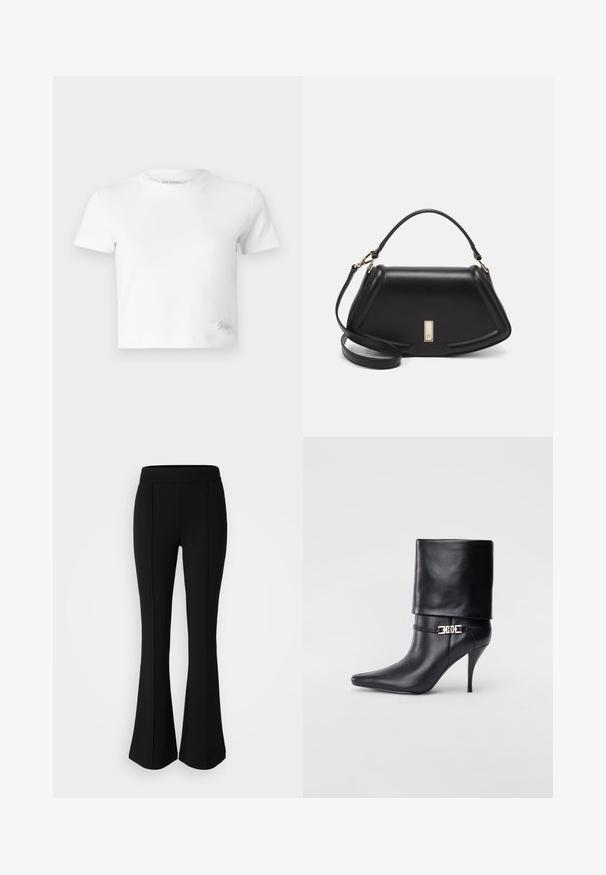 Witte cropped t-shirt van zacht katoen, met een hoge hals en korte mouwen. Klein geborduurd logo in de onderhoek.; Zwarte flared broek gemaakt van een rekbaar materiaal met een gladde textuur, met naaddetails aan de voorkant voor extra ontwerp.; Zwarte leren enkelboot met een spitse neus, hoge stilettohak, opgevouwen manchet en een gouden decoratieve gespdetails op de enkel.; Zwarte leren handtas met een gestructureerd ontwerp, featuring een verkorte vorm, bovenhandvat en gouden hardwareaccent. Inclusief verstelbare schouderband.
