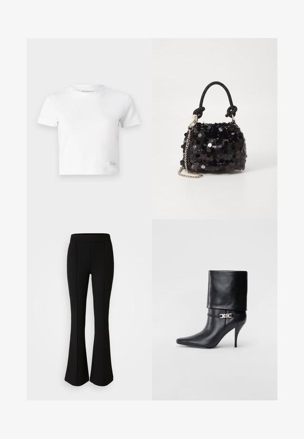 Witte cropped t-shirt van zacht katoen, met een hoge hals en korte mouwen. Klein geborduurd logo in de onderhoek.; Zwarte flared broek gemaakt van een rekbaar materiaal met een gladde textuur, met naaddetails aan de voorkant voor extra ontwerp.; Zwarte leren enkelboot met een spitse neus, hoge stilettohak, opgevouwen manchet en een gouden decoratieve gespdetails op de enkel.; Zwarte pailletten mini handtas met een geknoopte textuurriem en zilveren ketting. Rondvormig met een geplooide bovenkant en reflecterende details.
