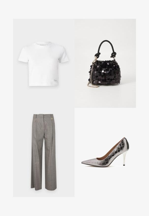 Hvid kortærmet t-shirt lavet af glat bomuld med høj hals og korte ærmer. Lille broderet logo i bunden af hjørnet.; Gråternet vide bukser med høj talje, frontfolder og en guldfarvet hardwaredetalje på taljebåndet. Tekstureret stof.; Sølv højhælede pumpe lavet af syntetisk materiale med krokodille-tekstur, spidse tæer og en elegant stiletto-hæl med sort accent.; Sort pailette mini håndtaske med en knyttet struktureret rem og sølv kæde. Rund form med samlet top og reflekterende detaljer.