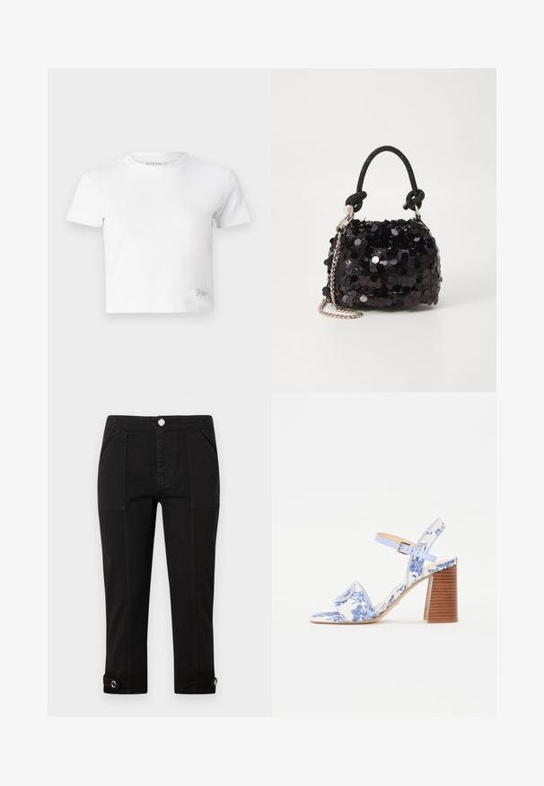 Fehér, rövid szabású, sima pamut póló, magas nyakkivágással és rövid ujjakkal. Kicsi hímzett logó az alsó sarokban.; Fekete, cropped farmernadrág, elülső zsebekkel, gombos záródással és gombdíszes szegéllyel minden lábon.; Kék virágmintás szandál négyzetes orral, széles pánttal és állítható bokapánttal, texturált fa sarokkal.; Fekete flitteres mini kézitáska csomózott textúrájú pánttal és ezüst lánccal. Lekerekített forma, ráncolt tetejével és fényvisszaverő részletekkel.