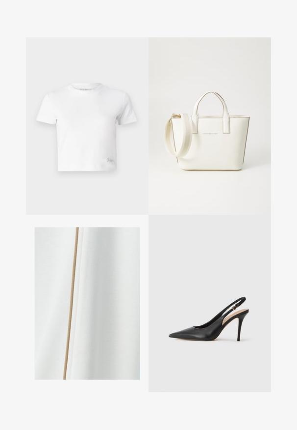 Valge lühike t-särk, mis on valmistatud siledast puuvillast, kõrge kaelusega ja lühikeste varrukatega. Väike tikand logoga alumises nurgas.; Valge kangas, millel on sile tekstuur ja beež aktsenttriip, mis kulgeb vertikaalselt mööda ühte külge.; Mustaga nahast slingback kõrge kontsaga jalanõud terava toe ja sileda tekstuuriga, delikaatse rihmaga, mis on varustatud metallist säärekohaga.; Valge kunstnahast käekott lühikeste sangadega, reguleeritava õlarihmaga ja kuldse tooniga detailidega; esiküljel on peen logo.