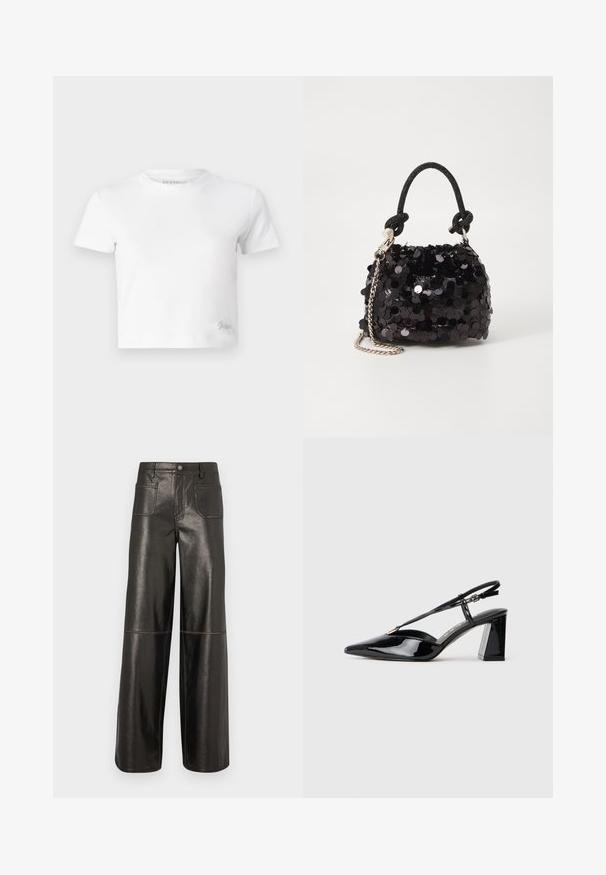 Balta trumpa marškinėlių suapvalinta iš lygios medvilnės, su aukštu iškirpimu ir trumpomis rankovėmis. Mažas išsiuvinėtas logotipas apatinėje kampe.; Guess Originals PATCH POCKET - Kelnės - jet black; Juodos lakinės odos aukštakulnės basutės su smailiu pirštu, reguliuojama juosta ir storu stačiakampiu kulnu.; Juodas blizgučių mini rankinukas su mazguotu tekstūruotu dirželiu ir sidabro grandine. Suapvalinta forma su susiraukšlėtopu ir atspindinčiomis detalėmis.