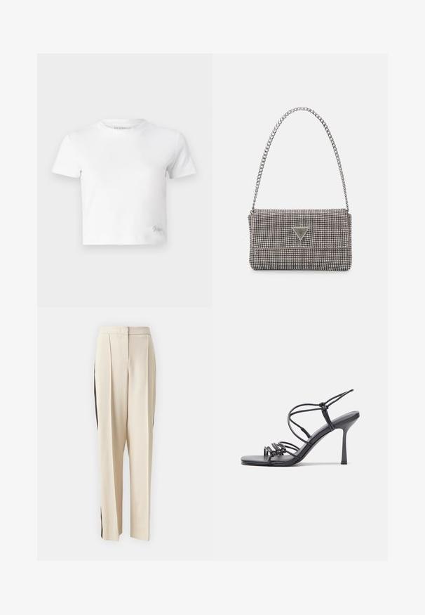 White cropped t-shirt made of smooth cotton, featuring a high neckline and short sleeves. Small embroidered logo in the bottom corner.; KARL LAGERFELD TAILORED SUIT PANTS - Trousers - beige; Black high-heeled sandals feature thin straps with a knotted design, a smooth square toe, and a sleek stiletto heel.; Light gray metallic handbag featuring a chain strap, embellished with small circular metallic studs and a triangular brand logo.; Silver hoop earrings with a smooth, shiny surface, featuring a curved shape and post-back closure. Minimalist design with a modern finish.