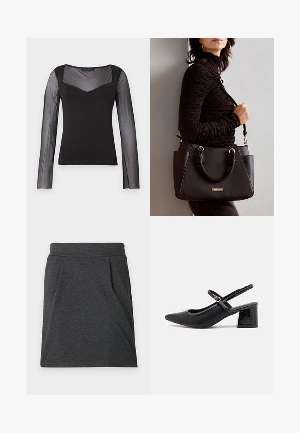 Top negru cu mânecă lungă din material transparent pentru mâneci și partea superioară a pieptului, cu bodie solid, decolteu pătrat și siluetă ajustată.; Fustă din material gri închis, cu talie ajustată, având plii pentru un plus de textură. Design drept, detalii de coasere minime și fără modele.; Cizme cu toc slingback din piele sintetică lacuită neagră, cu vârful ascuțit, un design cu decupaj rotunjit și toc bloc. Include un accent cu cataramă de culoare aurie.; Geantă de umăr neagră cu suprafață texturată, cu două mânere superioare și curea de umăr ajustabilă. Dispune de accesorii metalice de culoare aurie și buzunare laterale.