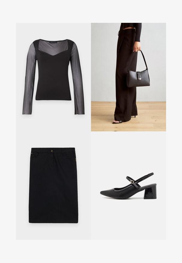 Svart topp med lange ermer, laget av gjennomsiktig mesh på ermene og øvre del av brystet, solid byste, firkantet hals og tettsittende silhuett.; Svart denimskjørt med rette linjer, med knapp og glidelås foran, fem lommer og gyldne metalliske detaljer på siden.; Sorte lakk lær slingback hæler med spiss tå, et avrundet utskjæringsdesign og blokkheel. Har en gulltone spenne som detalj.; Svart håndveske med strukturert form, jevn tekstur og metallisk lås. Kombinert med brede svarte bukser og sandaler med åpen tå på tregulv.