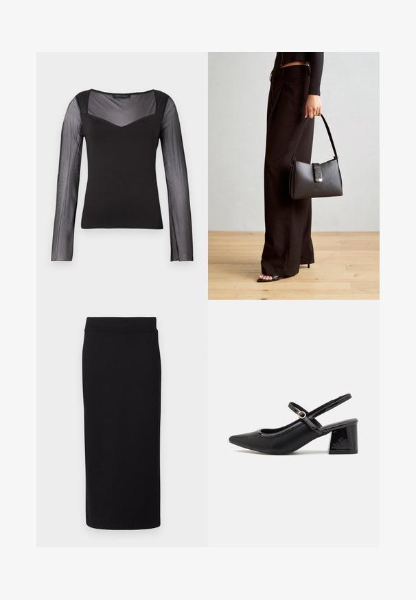 Čierny top s dlhými rukávmi, priesvitnými sieťovanými rukávmi a hornou časťou hrudníka, pevným telom, štvorcovým výstrihom a priliehavým strihom.; Čierna sukňa po kolená vyrobená z mäkkého, elastického materiálu. Má bezšvový pás a priliehavý strih s hladkou textúrou.; Čierne lakované kožené lodičky so slingback dizajnom, špicatou špičkou, zaobleným výrezom a blokovým podpätkom. Obsahuje akcent zlatého tónu s prackou.; Čierna kabelka so štruktúrovaným tvarom, hladkou textúrou a kovovou sponou. V kombinácii so širokými čiernymi nohavicami a sandálmi s otvorenou špičkou na drevenej podlahe.