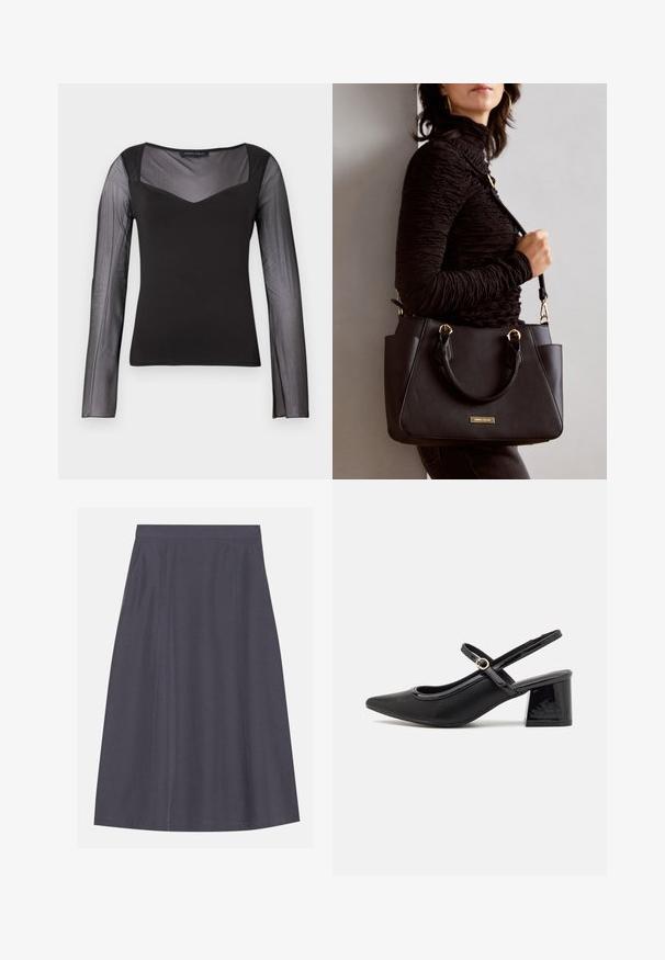 Schwarzes Langarmoberteil mit transparenten Mesh-Ärmeln und Oberkörper, solidem Oberteil, quadratischem Ausschnitt und figurbetonender Silhouette.; A-Linie, dunkelgrau Röcke aus einem glatten Stoff mit seitlichen Taschen, featuring einen sauberen Bund und dezente Nahtdetails.; Schwarze Lackleder-Slingback-Absätze mit spitzer Zehenform, einem runden Ausschnitt-Design und einem Blockabsatz. Mit einem goldfarbenen Schnallenakzent.; Schwarze Handtasche mit strukturierten Oberflächen, doppelten Obergriffen und verstellbarem Schultergurt. Mit goldfarbener Hardware und Seitentaschen.