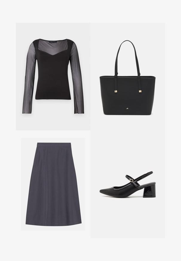 Sort langærmet top med gennemsigtige meshærmer og øverste bryst, solid krop, firkantet udskæring og tætsiddende silhuet.; En A-formet, mørkegrå nederdel lavet af et glat stof med sidelommer, der har et rent taljebånd og diskret sømdetaljering.; Sorte patentlæder slingback hæle med spids tå, rund udskæring og blokhæl. Har en guldtonet spændeaccents.; Sort tote bag lavet af syntetisk materiale, med et enkelt rektangulært design, gyldne firkantede detaljer og dobbelt håndtag.