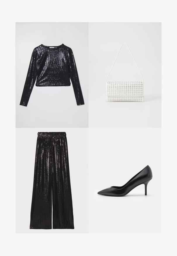 Top a maniche lunghe nera cropped ricoperto di paillettes, con scollatura rotonda e texture liscia. La luce si riflette sulla superficie lucida.; Pantaloni neri a gamba larga realizzati in tessuto paillettato, con una superficie texturizzata e una cintura elastica per un fit comodo.; Pumps neri in pelle con tacco alto, punta affilata e sottile tacco a stiletto, texture liscia con dettagli minimi.; Borsa bianca con forma arrotondata, caratterizzata da una superficie texturizzata di borchie argento. Ha una sottile tracolla e una chiusura elegante.