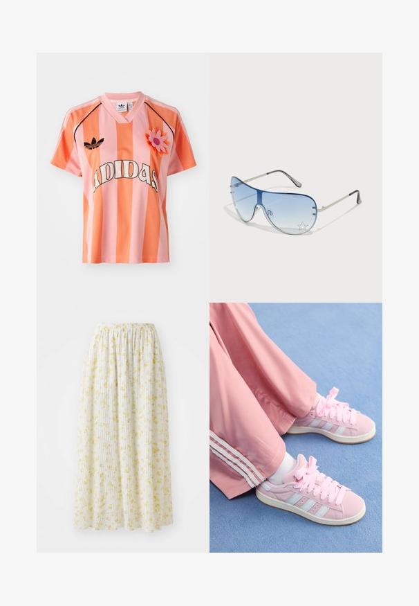 Rózsaszín és narancssárga csíkos Adidas mez, V-nyakkivágással, rövid ujjal és virágos applikációval. Az elején logó található, fekete kiegészítőkkel.; Fehér virágmintás midi szoknya sárga virágokkal, elasztikus derékkal és pliszírozott textúrával, könnyű, lágy anyagból készült.; Rózsaszín sportcipők világoskék csíkokkal, kerek orral és vastag rózsaszín fűzőkkel, rózsaszín tréningnadrággal párosítva, fehér oldalsínekkel.; Pilóta napszemüveg, melynek áttetsző kék lencséje, ezüst fém kerete és díszes csillag díszítések találhatók a lencsén. Simogató és elegáns dizájn.