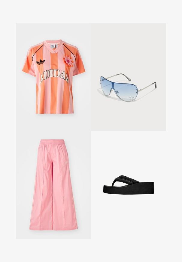 Pink and orange striped Adidas jersey with a v-neck, short sleeves, and a flower appliqué. Features logo on the front and black accents.; Pink wide-leg pants made of lightweight fabric, featuring an elastic waistband and subtle white side stripes. Small logo on the front.; Black platform flip-flop with a textured wedge sole, featuring two overlapping straps at the toe and a soft fabric upper for comfort.; Aviator sunglasses featuring a gradient blue lens, silver metal frame, and decorative star accents on the lens. Smooth and sleek design.