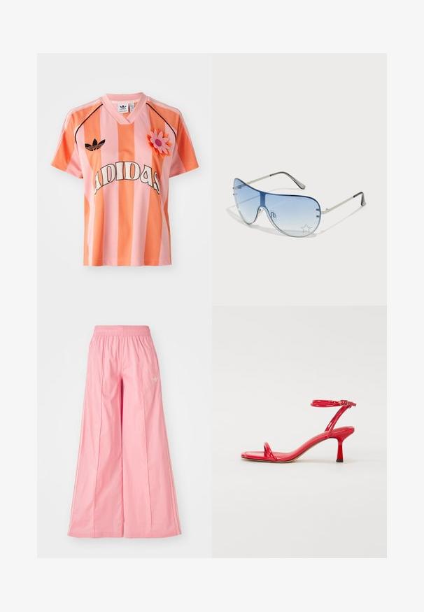 T-shirt Adidas rayé rose et orange avec un col en V, des manches courtes et une application de fleur. Présente un logo sur le devant et des accents noirs.; Pantalons larges roses en tissu léger, dotés d'une ceinture élastique et de rayures blanches discrètes sur les côtés. Petit logo sur le devant.; Sandales à talons hauts en cuir verni rouge avec deux fines lanières sur les orteils et une bride à boucle autour de la cheville ; design à bout carré, talon de 5 cm.; Lunettes de soleil aviateur avec des verres dégradés bleus, une monture en métal argenté et des accents décoratifs en forme d'étoile sur les verres. Design lisse et élégant.