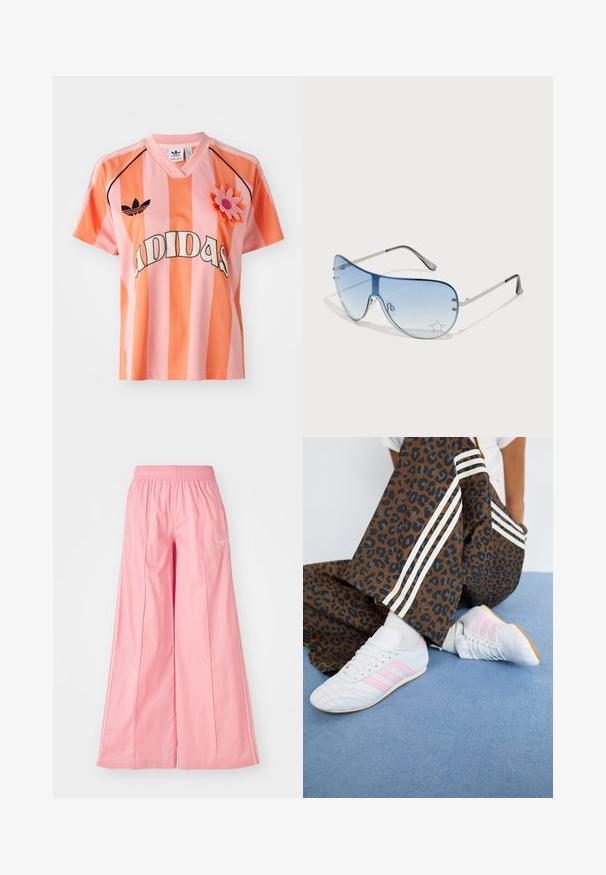 Διακοσμημένη μπλούζα Adidas με ρίγες ροζ και πορτοκαλί, σε σχήμα V, κοντά μανίκια και λουλουδάτη εφαρμογή. Περιλαμβάνει λογότυπο μπροστά και μαύρες λεπτομέρειες.; Ροζ παντελόνια με φαρδιά πόδια, κατασκευασμένα από ελαφρύ ύφασμα, με ελαστική μέση και διακριτές λευκές ρίγες στο πλάι. Μικρό λογότυπο μπροστά.; Λευκά αθλητικά παπούτσια με ροζ ρίγες, συνδυασμένα με καφέ παντελόνι λεοπάρ που διαθέτει λευκές ρίγες στο πλάι, σε μπλε χαλί.; Γυαλιά ηλίου aviator με γκριδενά μπλε φακούς, ασημένιο μεταλλικό σκελετό και διακοσμητικά αστέρια στους φακούς. Λείος και κομψός σχεδιασμός.