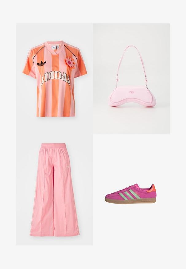 Růžový a oranžový pruhovaný dres Adidas s výstřihem do V, krátkými rukávy a květinovým aplikace. Na přední straně je logo a černé akcenty.; Růžové kalhoty s volnými nohavicemi vyrobené z lehké látky, s elastickým pasem a jemnými bílými bočními pruhy. Malé logo na přední straně.; Tenisky Adidas Gazelle v jasně růžové barvě s světle zelenými pruhy, gumovou podrážkou a oranžovým akcentem na patě. Hladký syntetický svršek.; Diesel Kabelka - quartz pink
