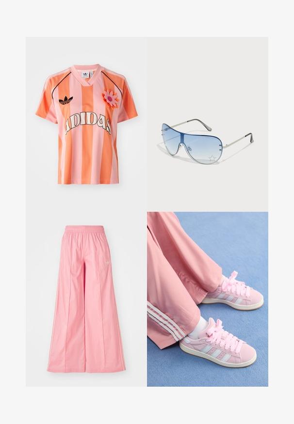 Rosa och orange randig Adidas tröja med v-ringning, korta ärmar och blom-applikation. Har logotyp framtill och svarta accenter.; Rosa vida byxor i lätt tyg, med resårmidja och subtila vita sidostrimlor. Litet logotyp på framsidan.; Rosa sportskor med ljusblå ränder, rund tå och tjocka rosa skosnören, i kombination med rosa joggingbyxor med vita sidostråk.; Pilotglasögon med gradientblå linser, silverfärgad metallram och dekorativa stjärnaccenter på linserna. Snygg och elegant design.