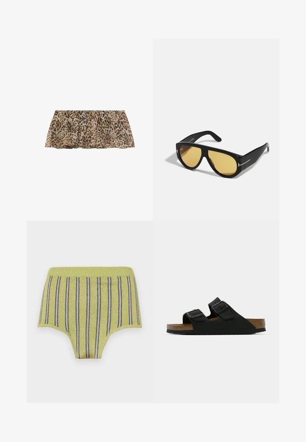 Top s leopardím vzorem, lehký materiál, volánový spodní lem, který se vyznačuje jemnou, průhlednou strukturou a skladatým designem v neutrální barevné paletě.; Žluté žebrované slipy s lesklými zlatými nitěmi a vertikálními modrými a hnědými pruhy. Mají široký elastický pas a hladkou texturu.; Černé sandály se dvěma nastavitelnými přezkami, korkovou stélkou a texturovanou gumovou podrážkou. Nabízejí minimalistický design a otevřenou špičku.; Černé sluneční brýle s geometrickým rámem, žlutými skly a zlatými akcenty na stranicích. Hladká textura, široký tvar, moderní design.