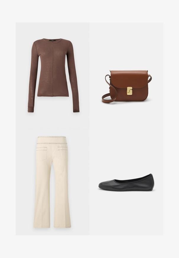 Kohvane pikkade varrukatega särk, mis on valmistatud kergest ja siledast kangast. Omab ümarat kaelust ja peent esiõmbluse detaili.; Kreemikaalsete laia säärega püksid, mille vööl ja tagataskutel on studded aktsendid, valmistatud pehmest, tekstuuriga kangast.; Musthave mustika tantsutossud mustast nahast, ümmarguse varbaga, siledast tekstuurist, minimaalse õmblusdetailiga ja paindliku tallakujundusega.; Pruunist nahast käekott, millel on klapiga sulgur, kuldne riistvara, õlarihm ja sile tekstuur. Kompaktne ristkülikukujuline vorm.