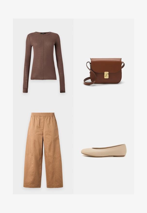 Hnědý dlouhý rukáv top vyrobený z lehkého, hladkého materiálu. Má kulatý výstřih a diskrétní detaily předního švu.; WEEKEND MaxMara MILVA - Kalhoty - earth; Béžové kožené baletní byty s kulatou špičkou, minimálním prošíváním, nízkým podpatkem a decentním logem na zadní straně. Hladký, matný povrch.; Hnědá kožená kabelka s klopou, zlatými kovovými detaily, ramenním popruhem a hladkým povrchem. Kompaktní obdélníkový tvar.