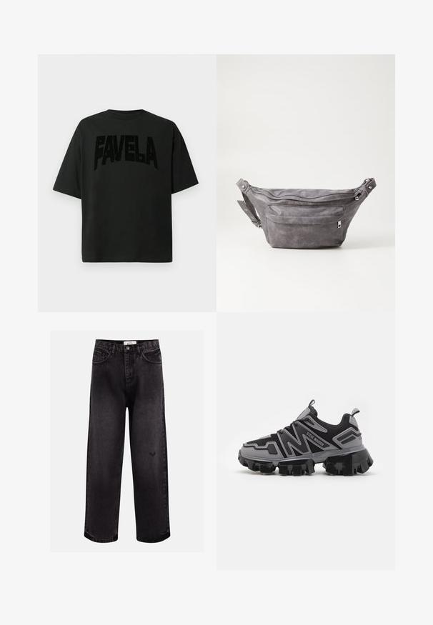 Schwarzes Baumwoll-T-Shirt mit großem, strukturiertem "FAVELA"-Schriftzug auf der Vorderseite. Kurze Ärmel, lockerer Schnitt, runder Halsausschnitt, minimalistisches Design.; Schwarze Denim-Jeans mit weitem Bein, fünf Taschen, einer gesteppten Taille und einem dezenten Logodetail in der Nähe des Knies.; Steve Madden PRIVE - Sneaker low - light grey; Graue Wildleder-Gürteltasche mit runder Form, zwei mit Reißverschluss verschlossenen Fächern und verstellbarem Trageriemen. Mit metallischen Hardware-Akzenten.